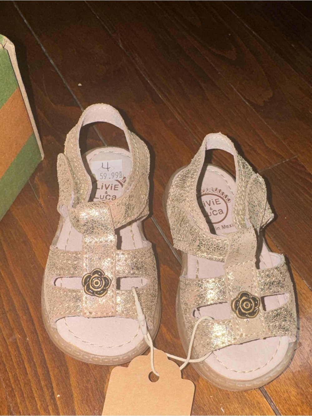 Livie & Luca Girls' Gold Glitter Flower Strap Sandals